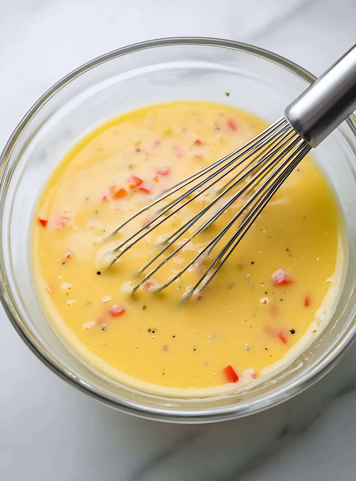 Whisking eggs with diced peppers