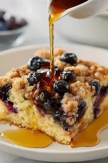 blueberry pancake casserole slice with syrup pour