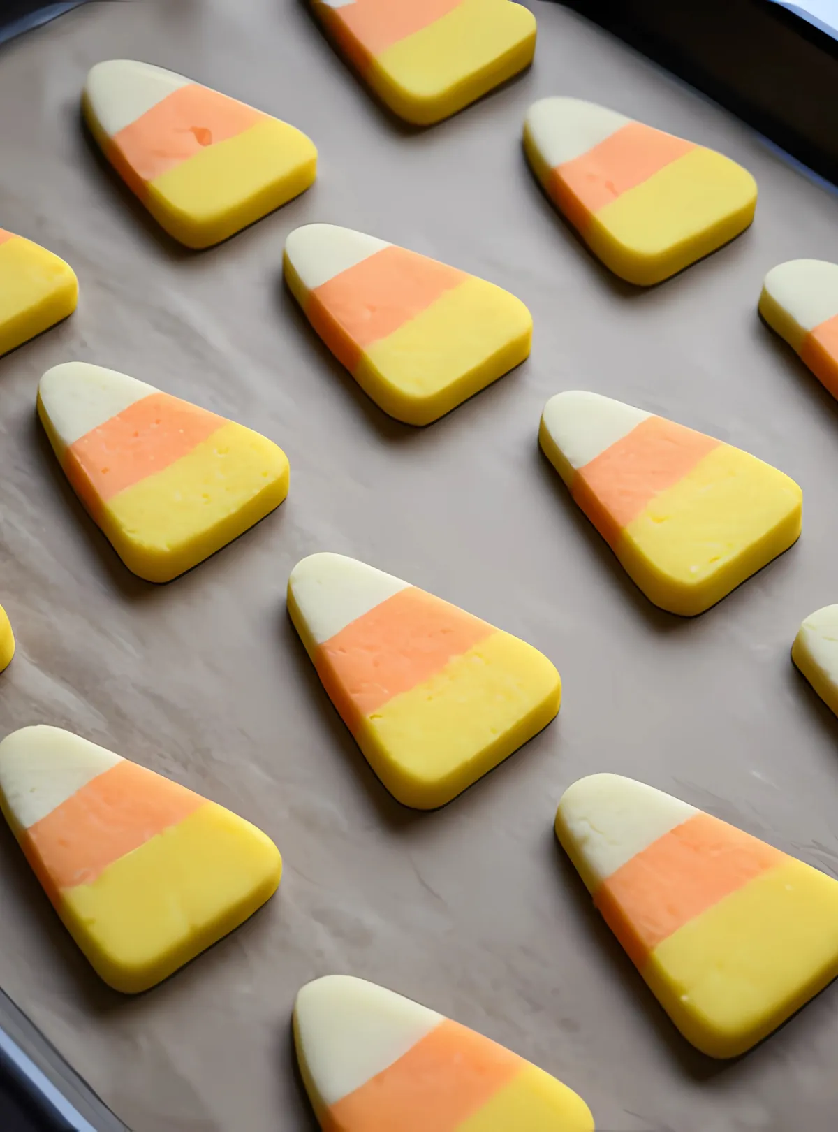 candy corn cookies on baking tray unbaked