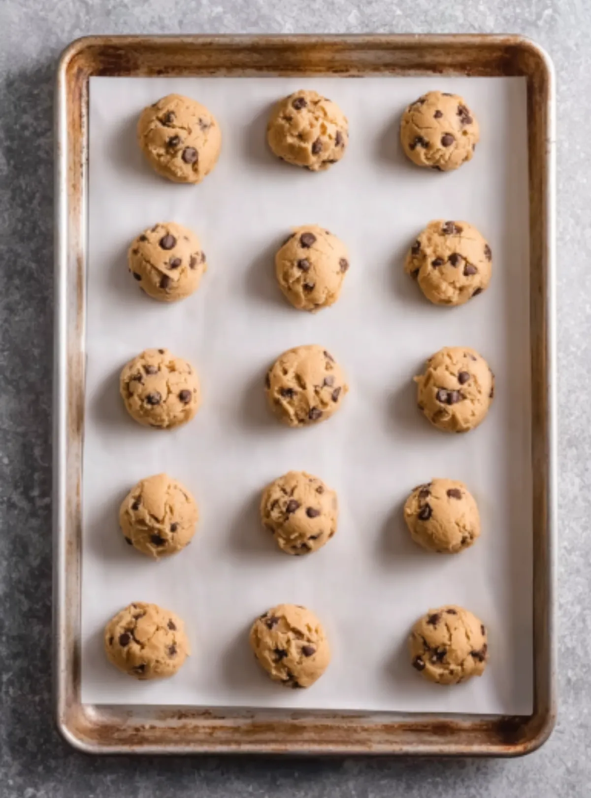 cookie dough balls on baking sheet