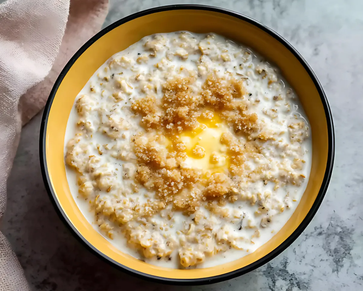 creamy oatmeal topped with brown sugar and butter