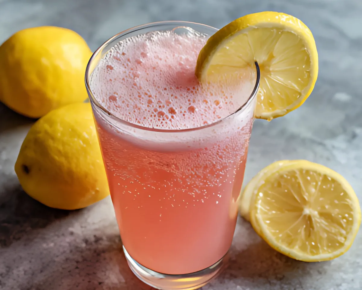 foamy pink drink in glass with fresh lemons