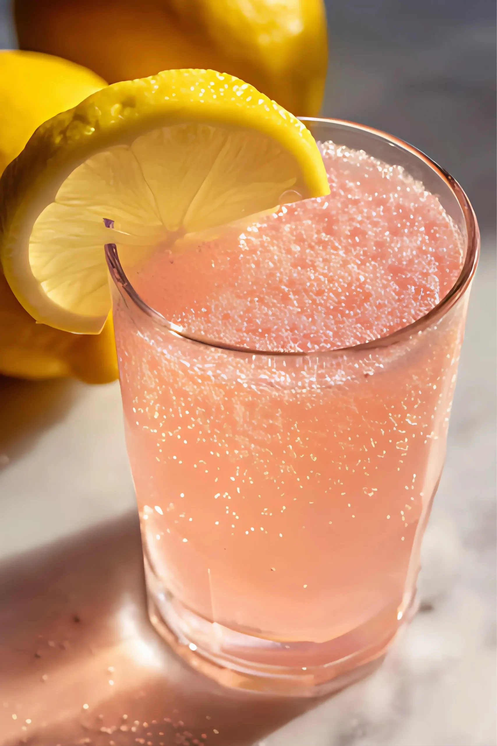 glass of fizzy pink drink with lemon slice on rim
