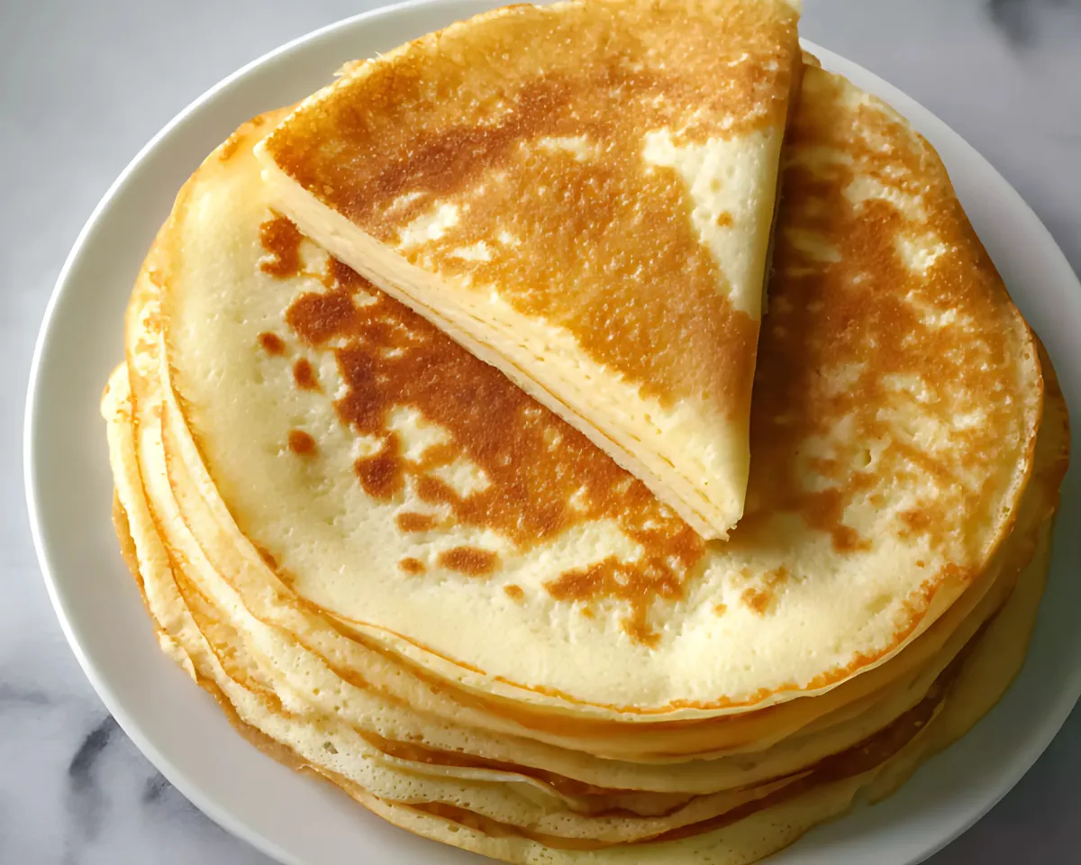 golden crepes stacked with one slice folded on top