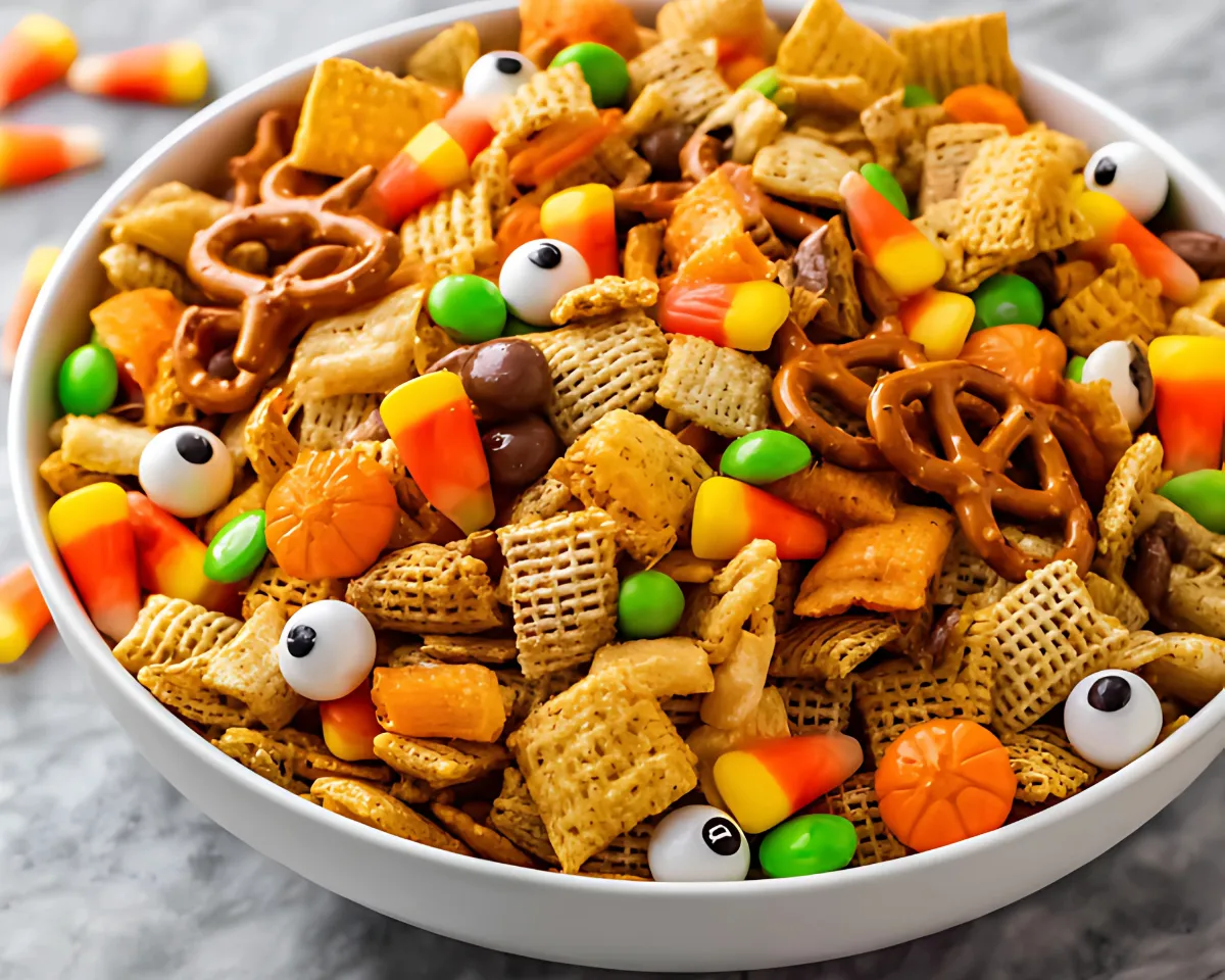 halloween party snack mix with candy corn and eyeballs
