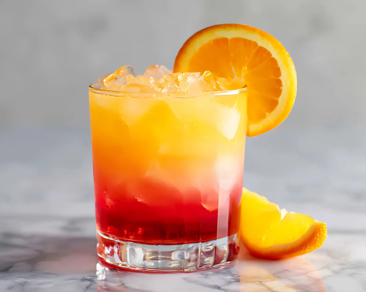 layered cocktail with orange slice on marble
