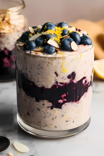 overnight oats in glass jar with blueberry layer