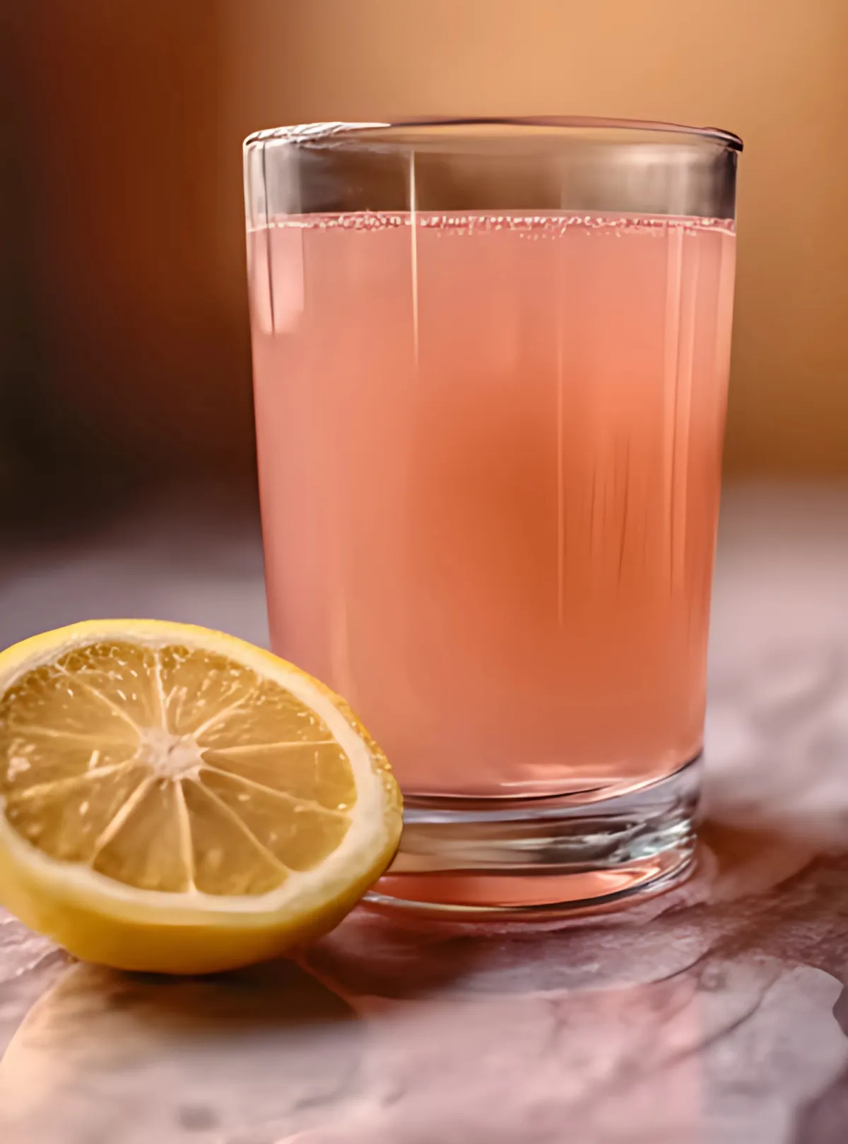 pink lemon drink with half lemon on pink surface