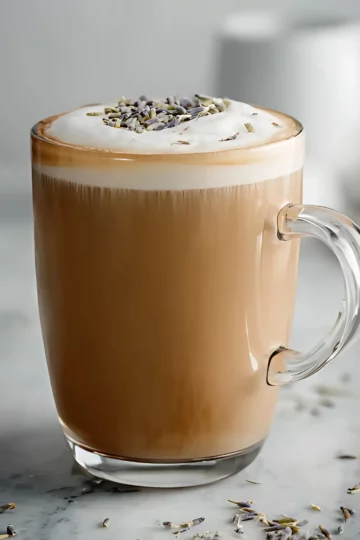 side view of lavender latte with foam top