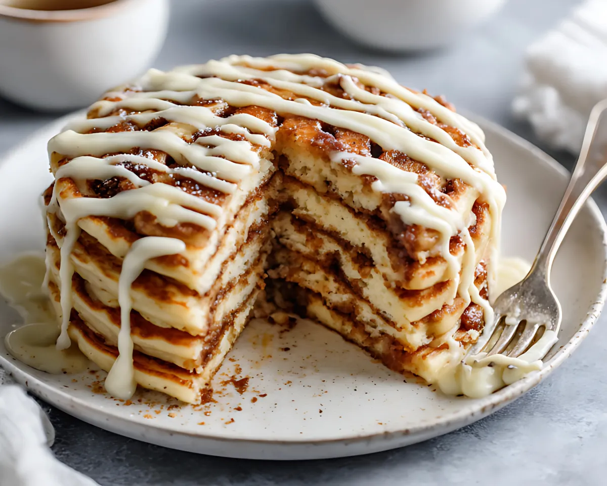 sliced cinnamon pancakes with cream cheese drizzle