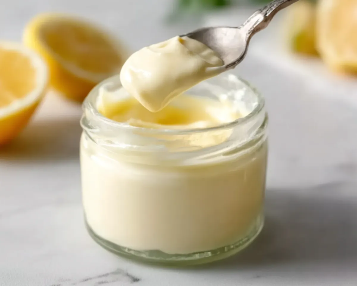 spoon lifting mayonnaise from jar lemon in background