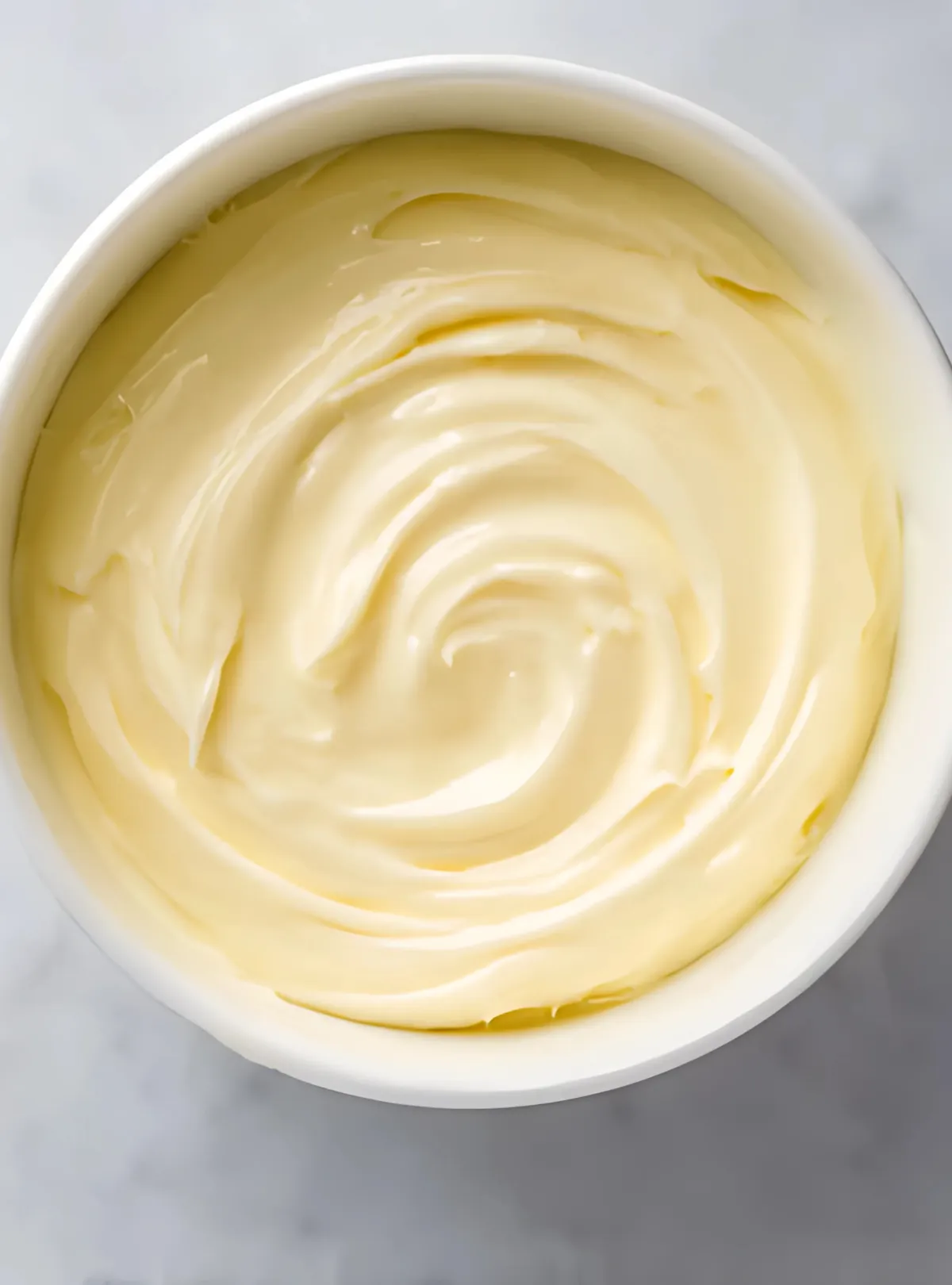 thick swirled mayonnaise in white bowl top view