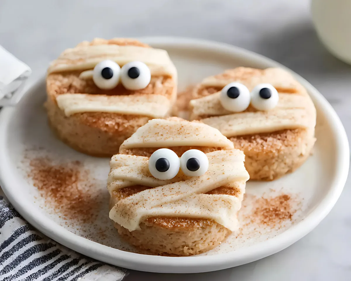 three mummy blondie bites cinnamon sugar plate