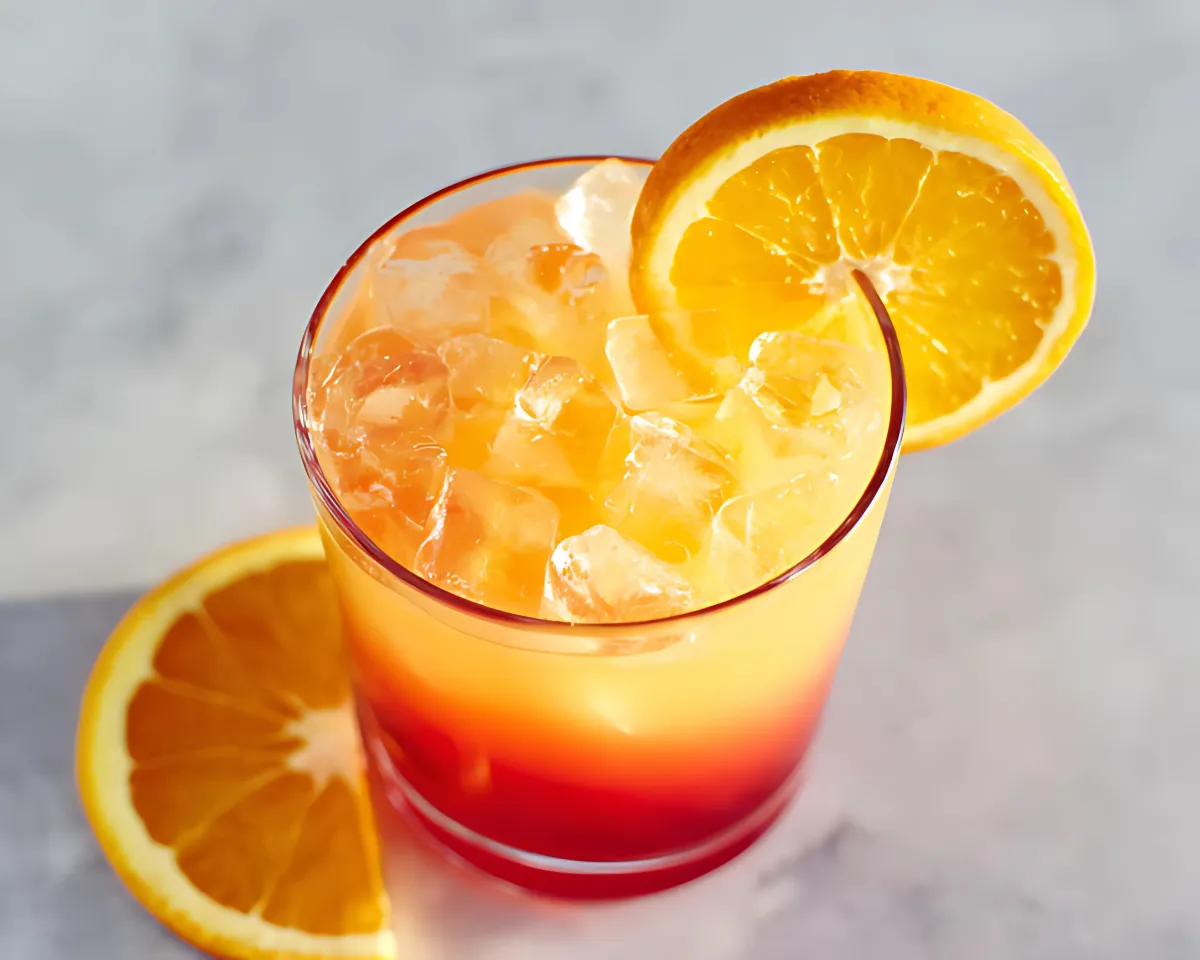 top view cocktail with orange slice on rim