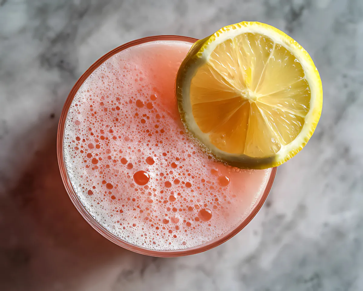 top view of bubbly pink drink with lemon slice