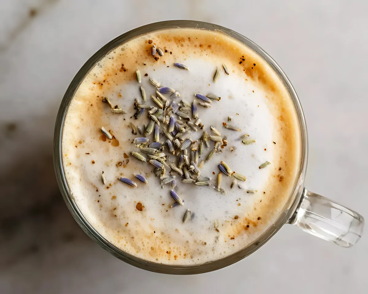top view of latte with lavender on foam
