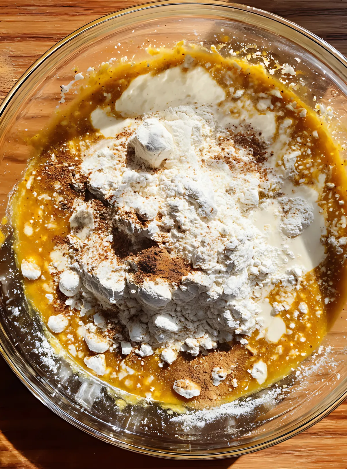 Bowl with flour sugar spices and pumpkin puree for batter