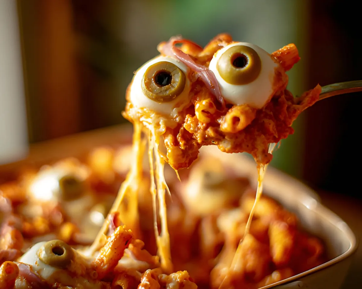 Cheesy ziti eyeball scoop