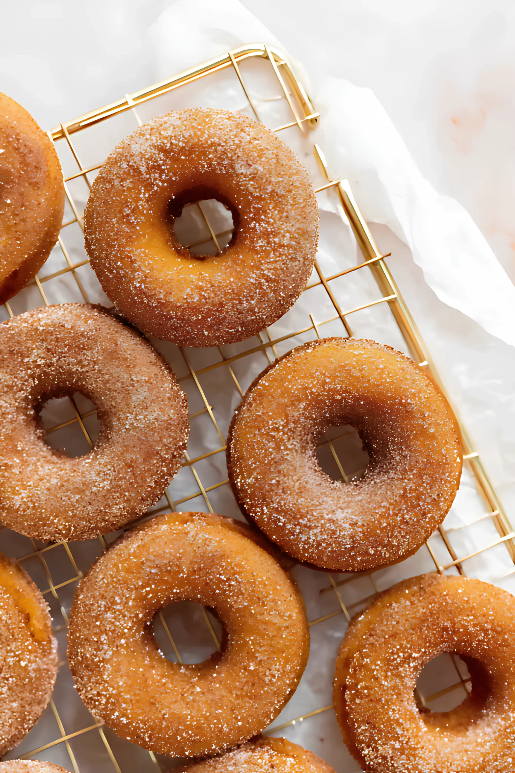 Cinnamon sugar coated donuts arranged on golden wire rack