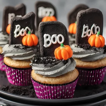 Close-up graveyard cupcake with Oreo tombstone and candy pumpkins