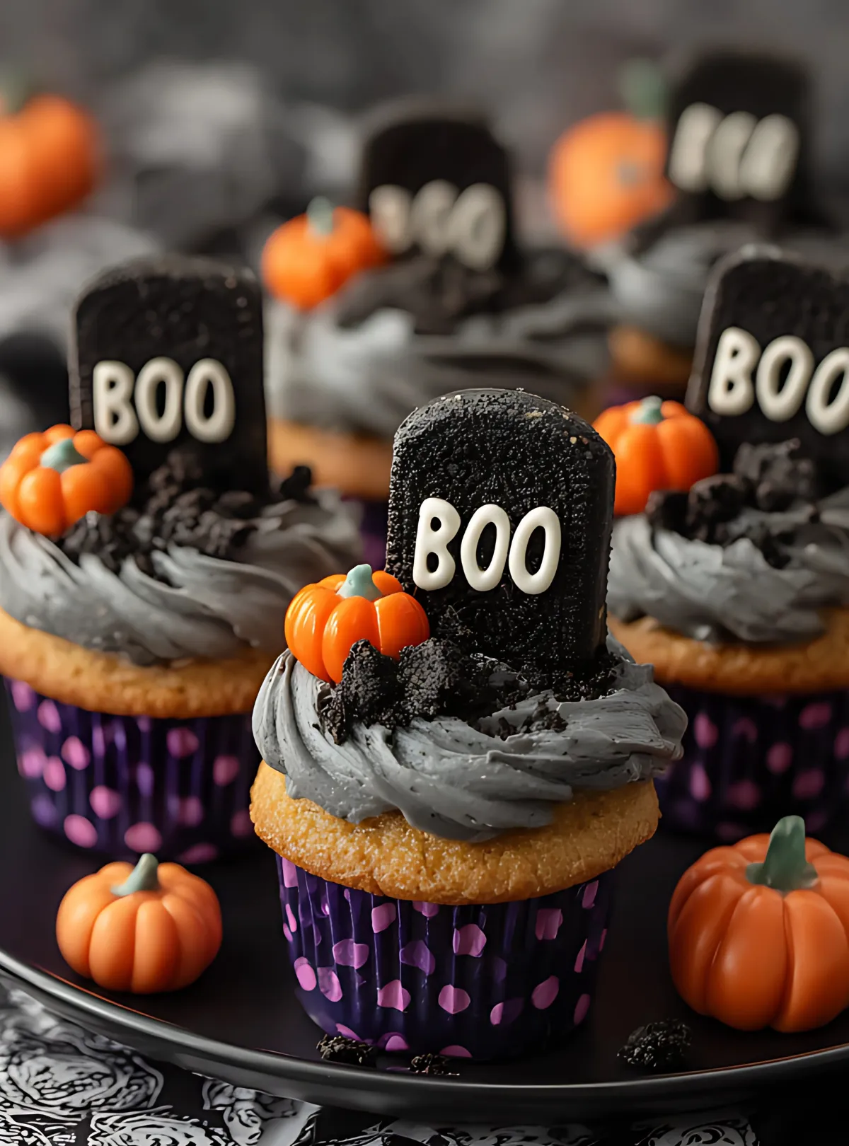 Close-up graveyard cupcake with Oreo tombstone and candy pumpkins recipe