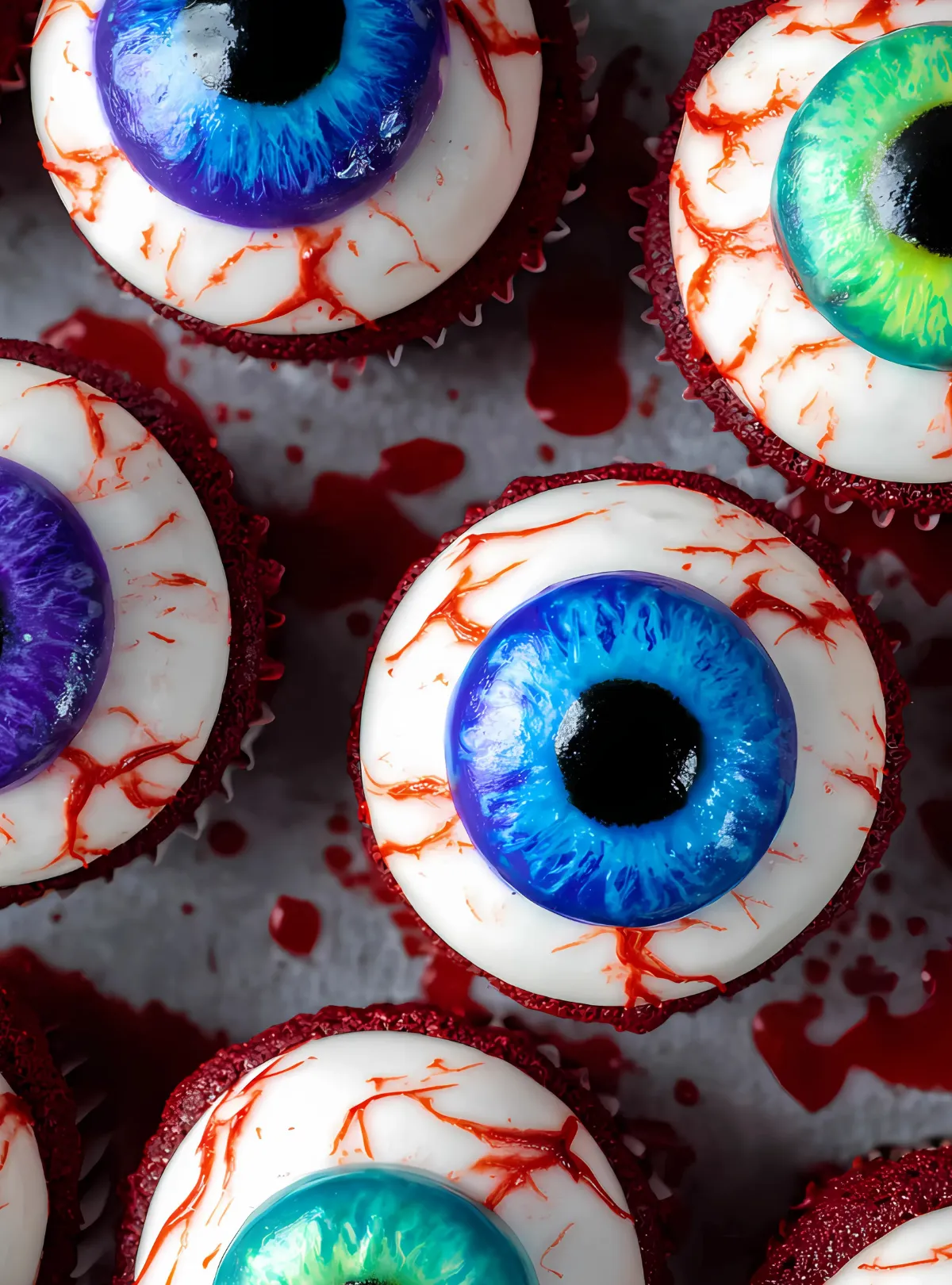 Close-up of finished eyeball cupcakes with blue and green irises