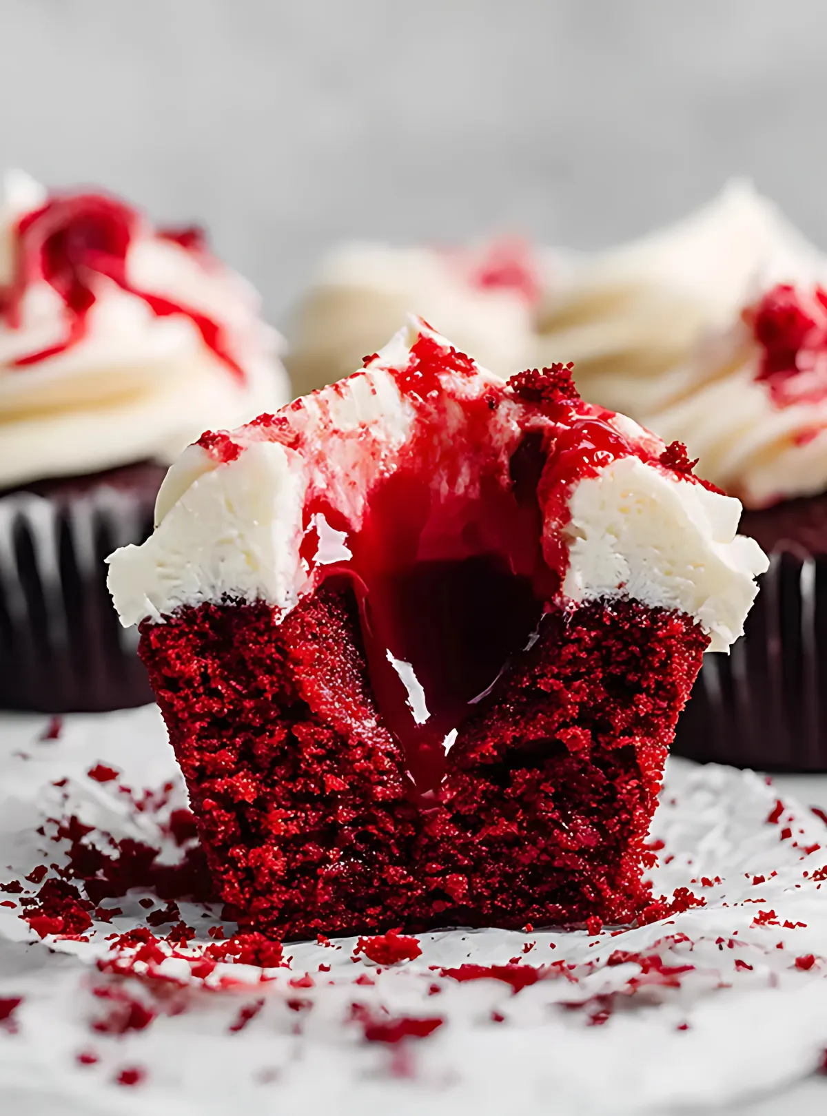 Cross-section of red velvet cupcake with red liquid center exposed