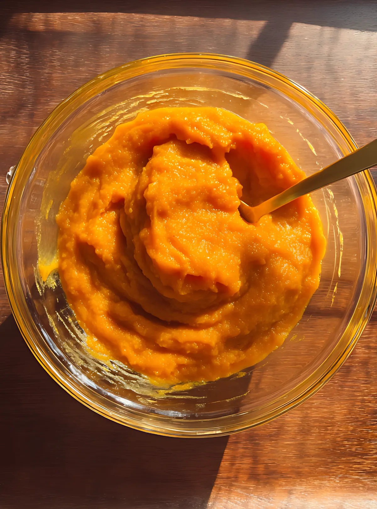 Glass bowl of bright pumpkin puree with spoon