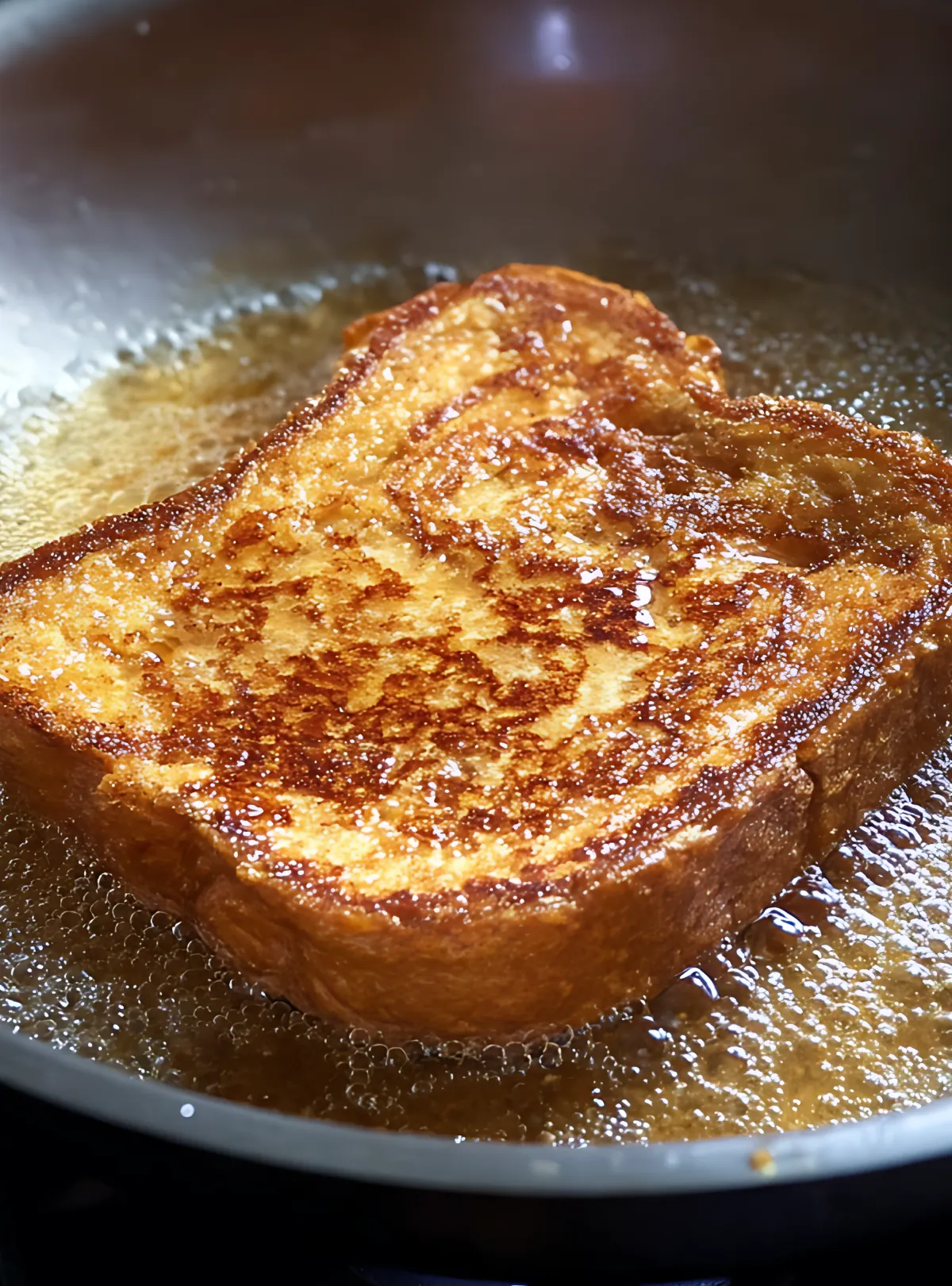 Golden French toast frying in pan