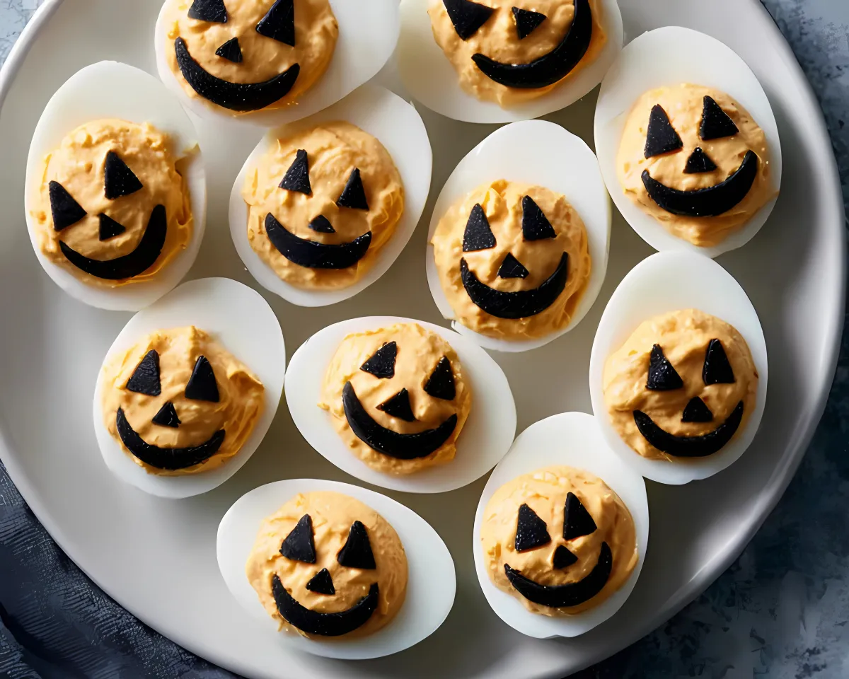 Halloween deviled eggs with olive faces