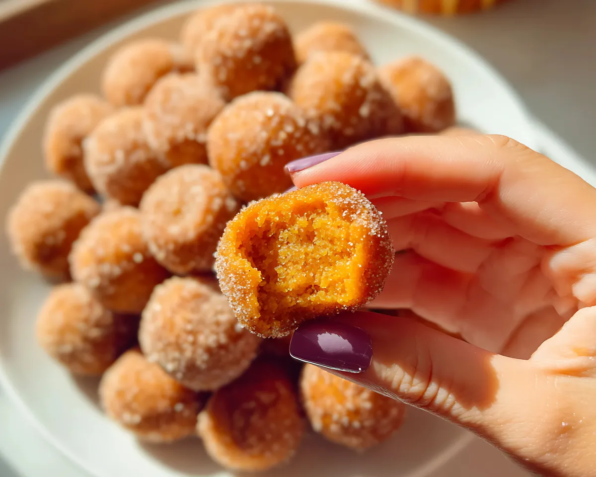 Hand holding pumpkin donut hole showing inside texture