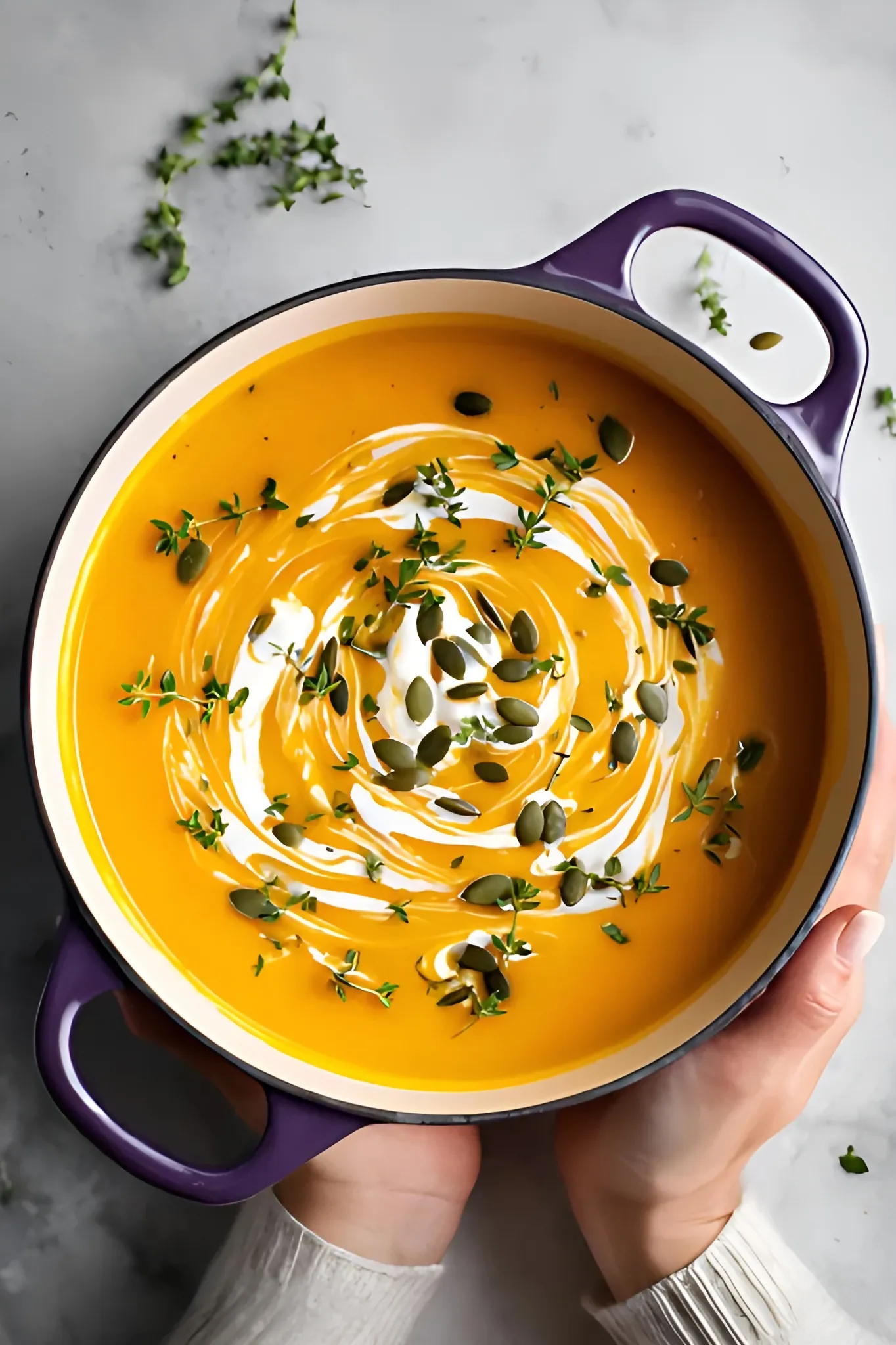 Hands holding pumpkin soup