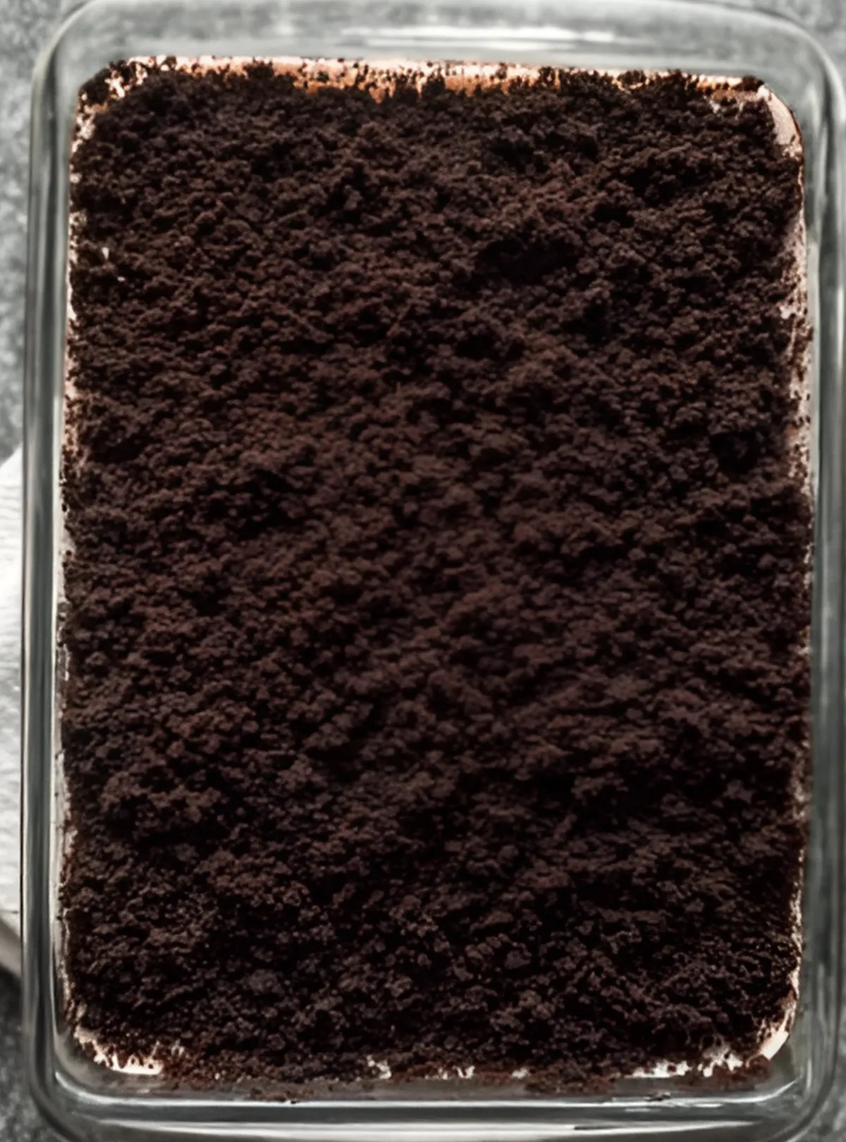 Oreo crumb layer on top in dish