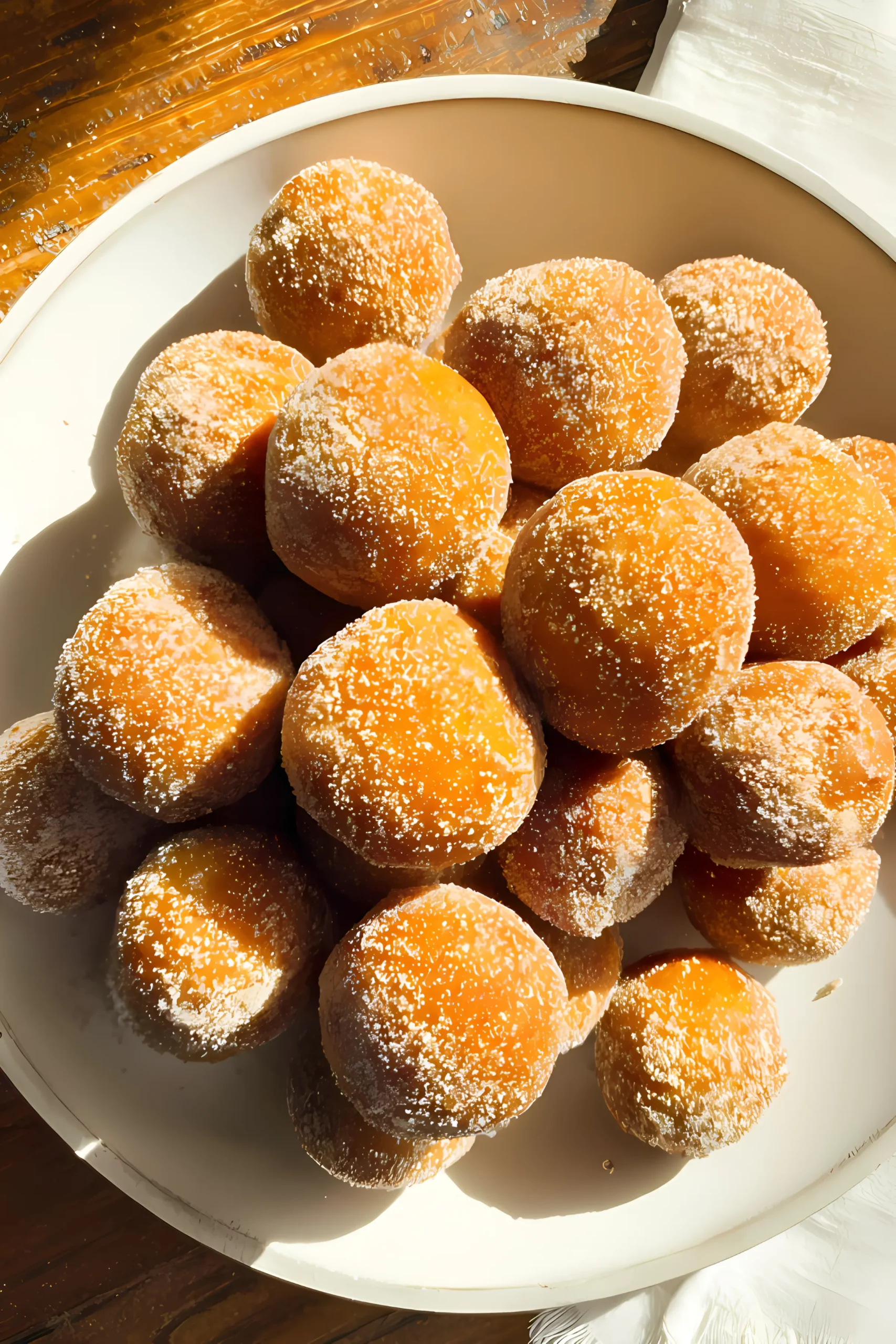 Plate of cinnamon sugar pumpkin donut holes top view with cloth