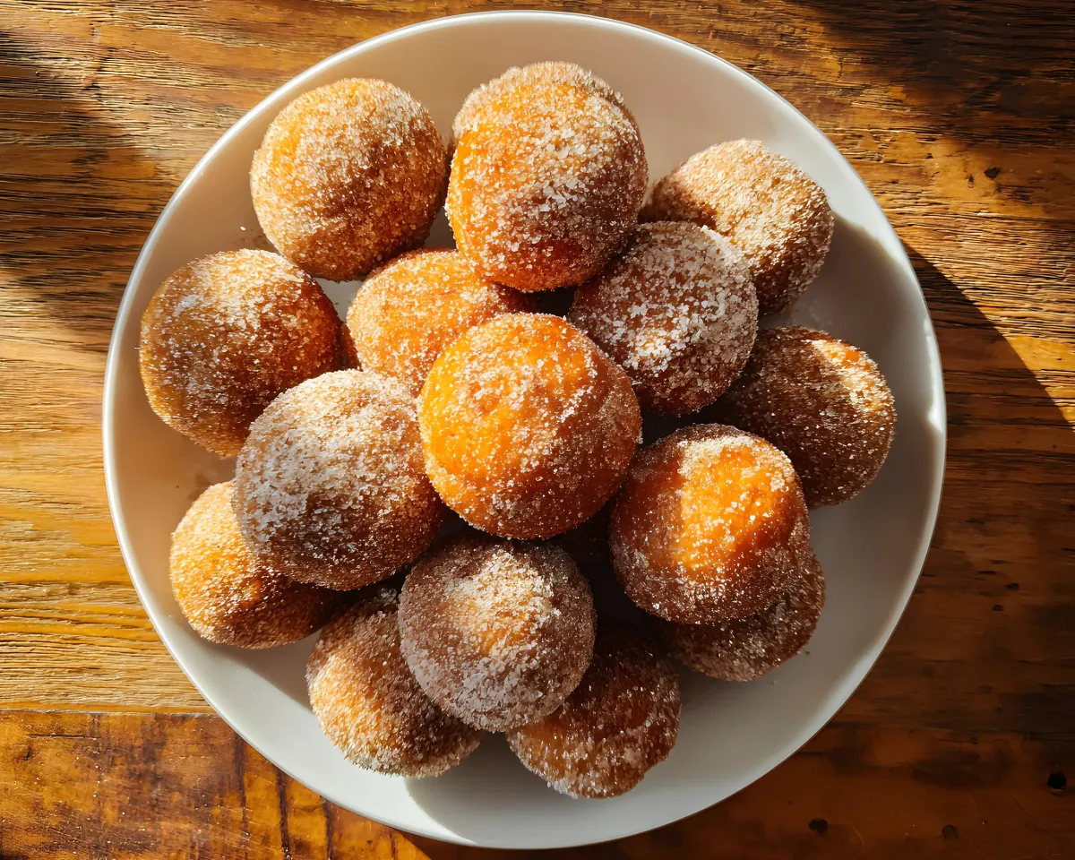 Plate of pumpkin donut holes on wooden table
