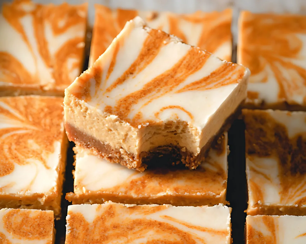 Pumpkin cheesecake bar with bite swirl pattern