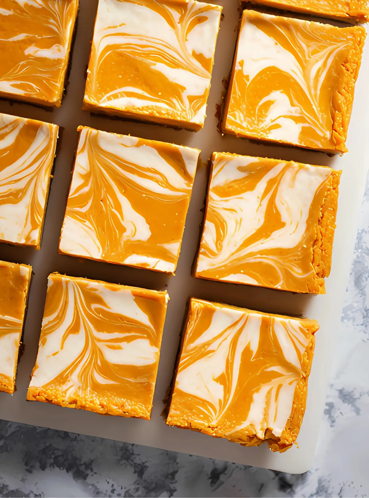 Pumpkin cheesecake bars cut into squares swirl top