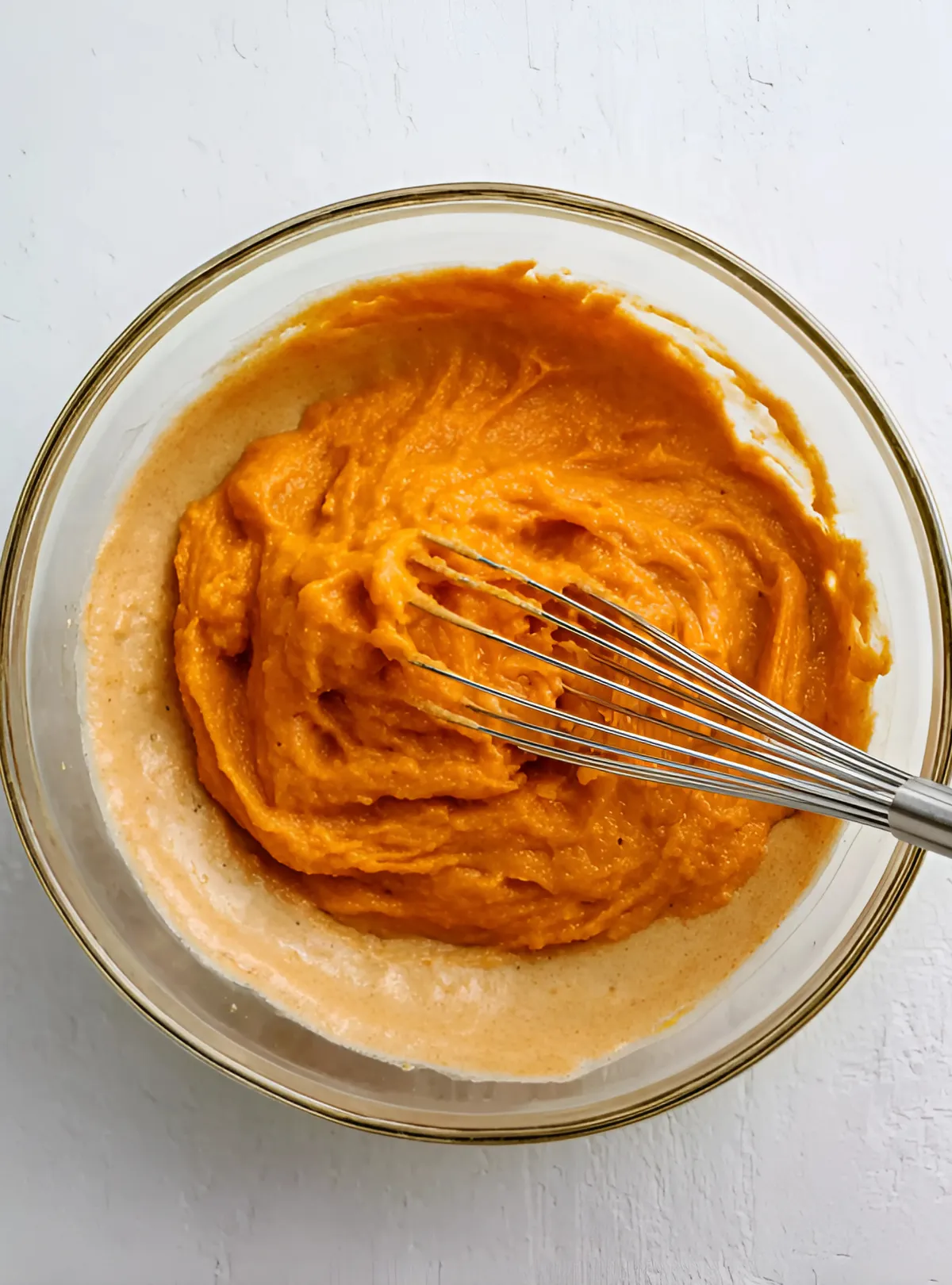 Pumpkin puree being whisked in glass bowl