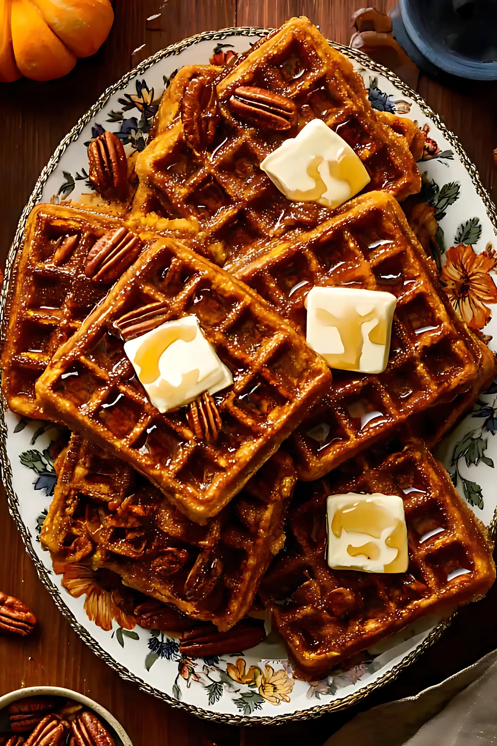 Pumpkin spice waffles with butter and pecans