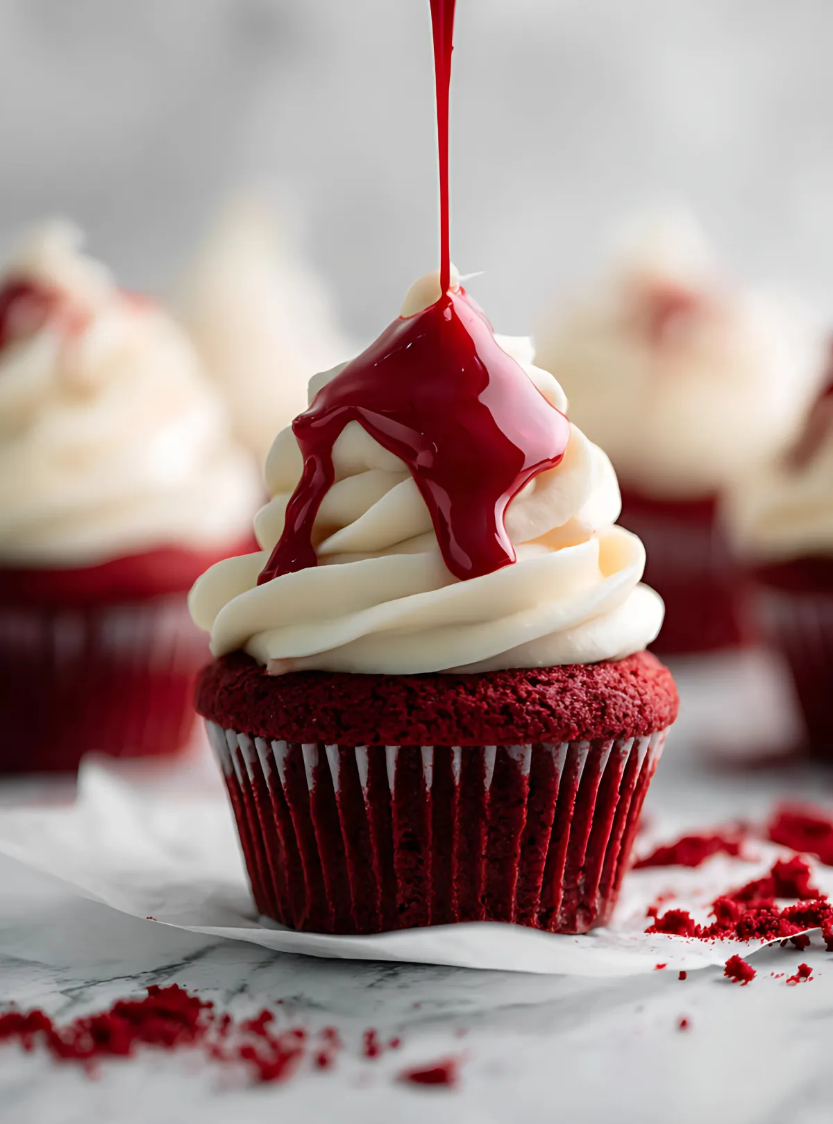 Red liquid dripping onto white frosting of red velvet cupcake