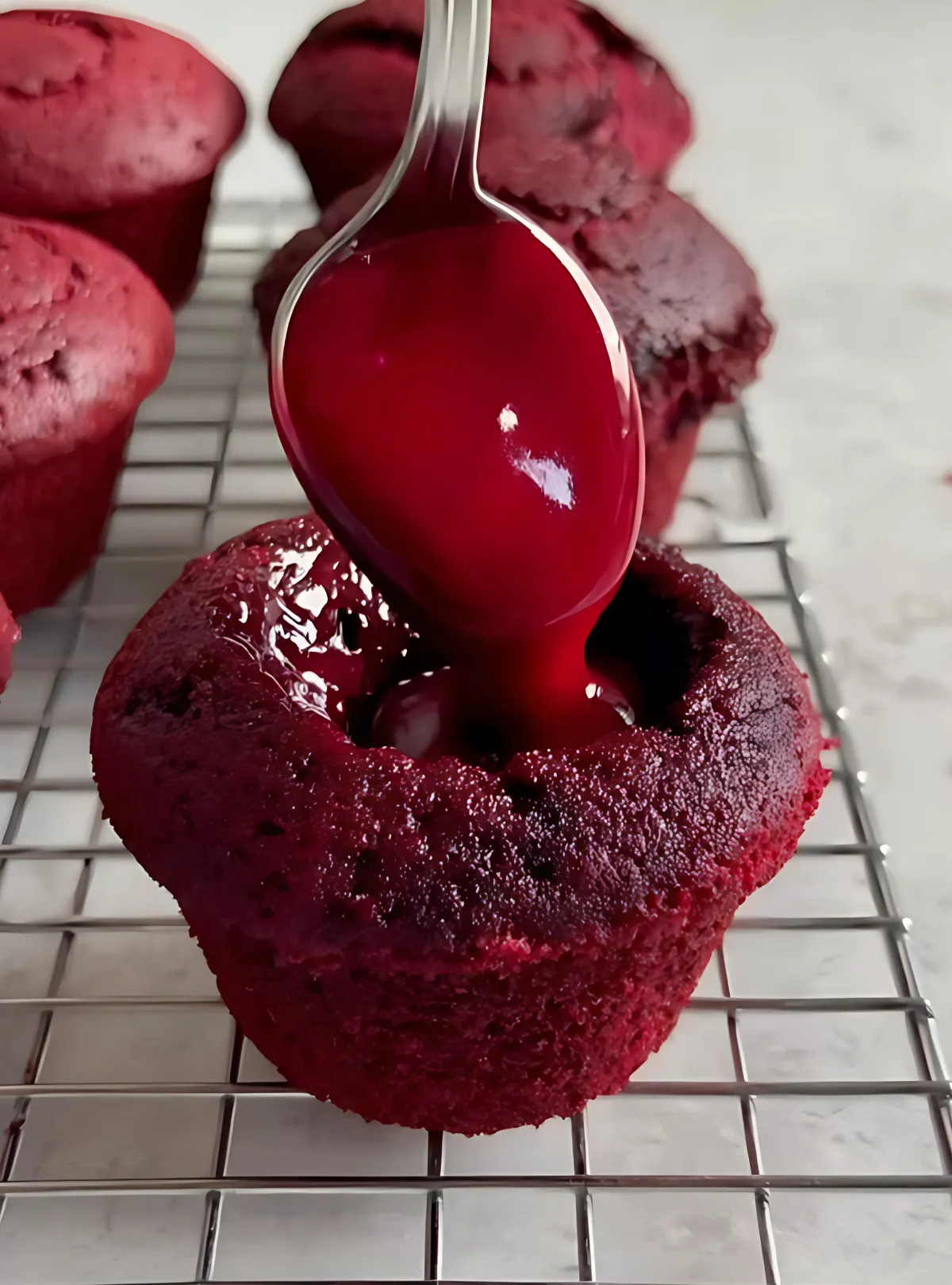 Red sauce being poured into hollowed out red velvet cupcake on cooling rack