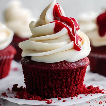 Red velvet cupcake topped with swirled white frosting and red drizzle