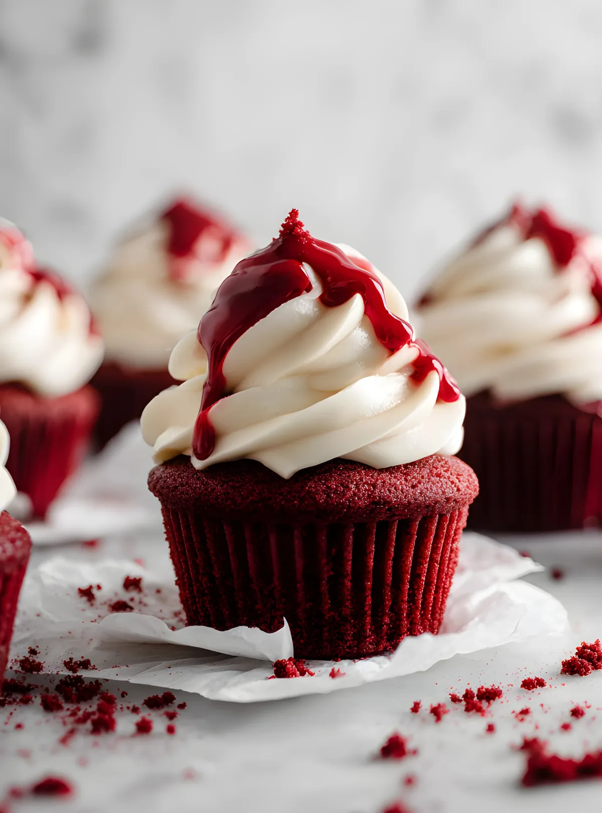 Red velvet cupcake with white frosting and red sauce dripping down