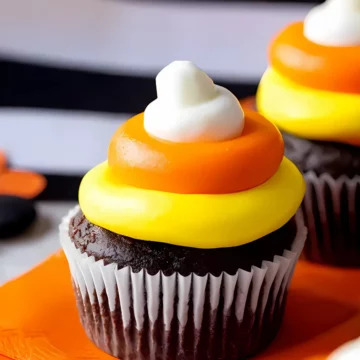Two candy corn cupcakes with striped Halloween decorations
