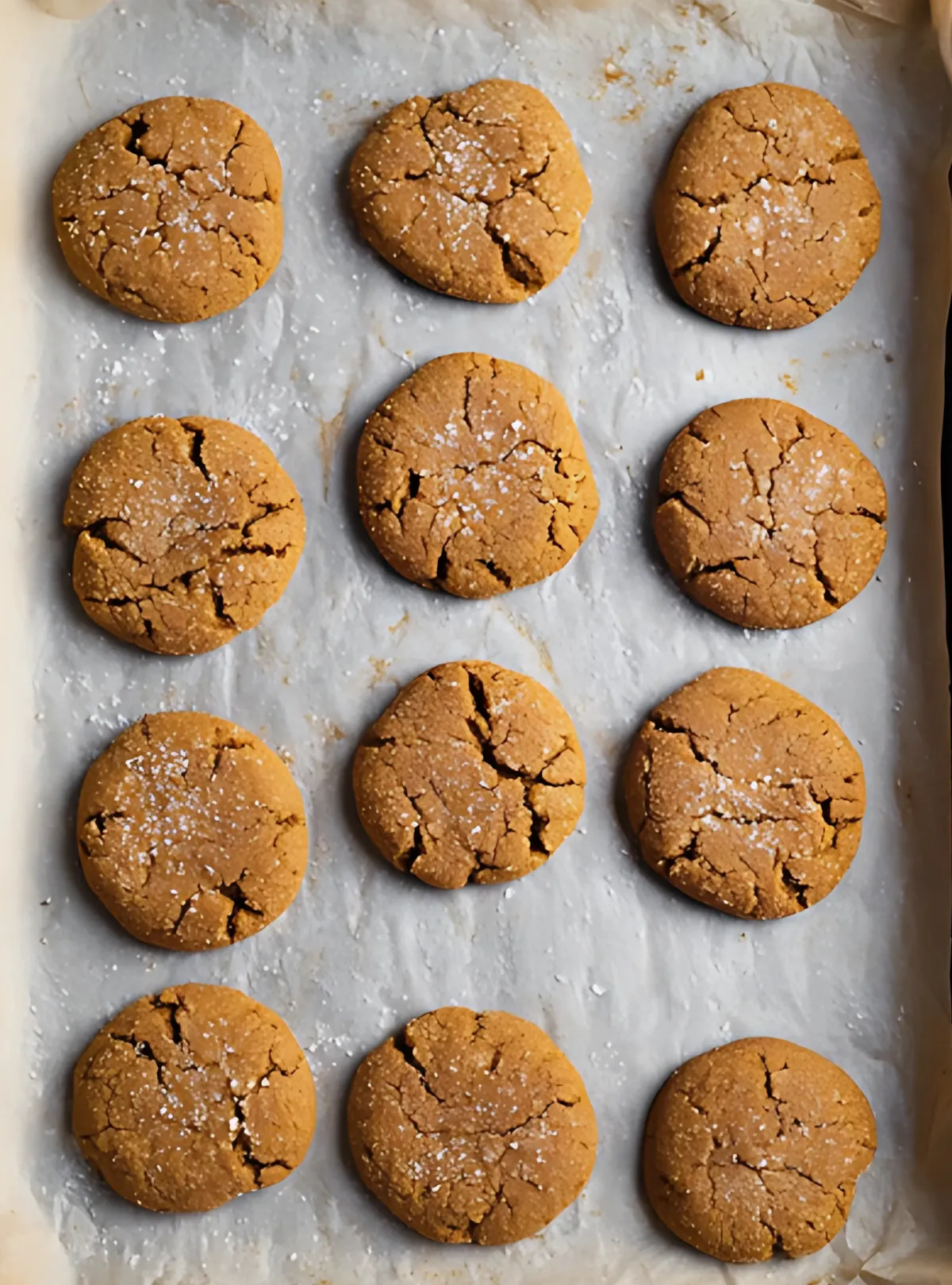 baked pumpkin spice cookies on parchment tray