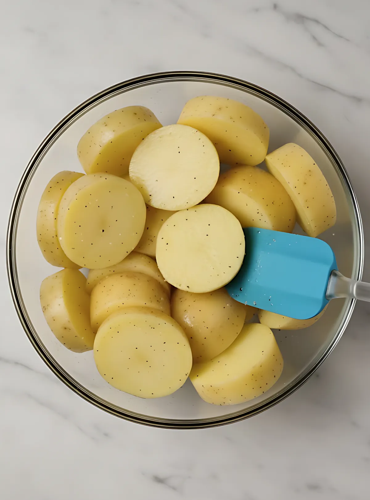 Sliced potatoes in bowl