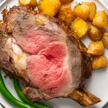 oprime rib with potatoesrange glazed ham closeup