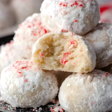 peppermint snowball cookies stack