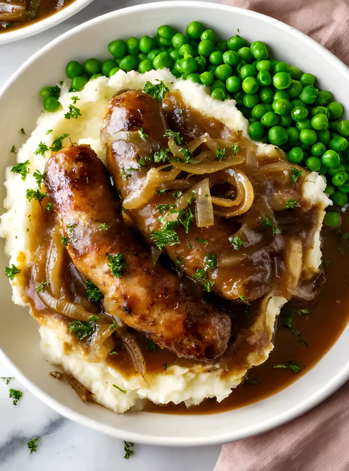 Sausage mash peas