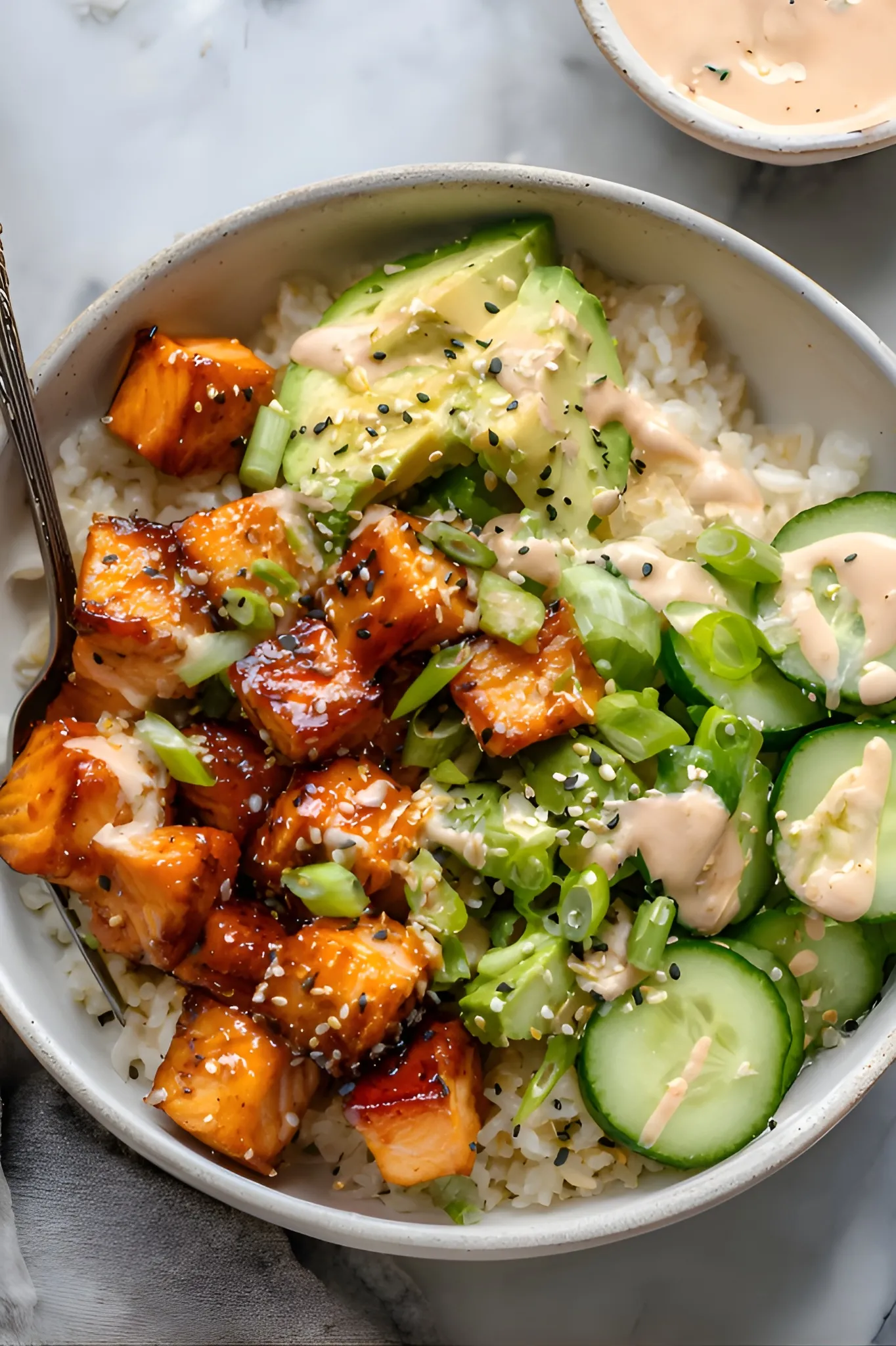 Sticky salmon rice bowl